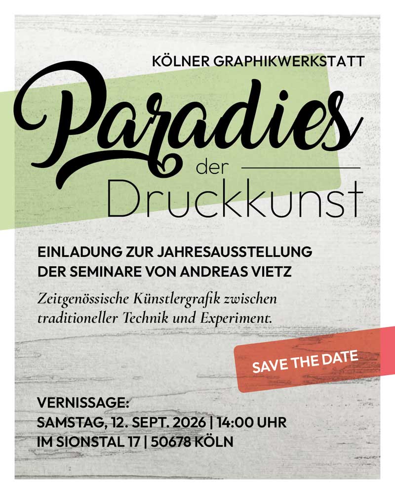Titelblatt der Einladungskarte zur Ausstellung Paradies der Druckkunst